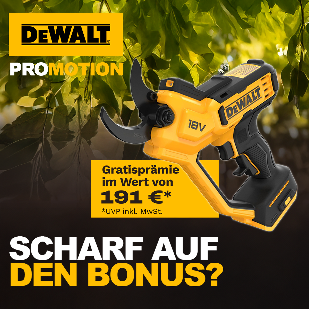 Jetzt gratis Dewalt Akku-Astschere sichern!