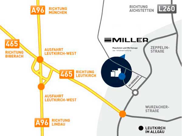 So kommen Sie zu uns: Miller GmbH, In den Bögen 11, 88299 Leutkirch